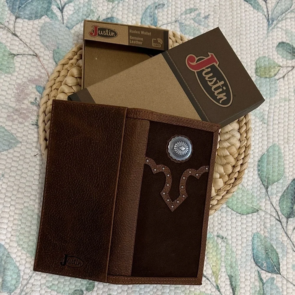 New Justin Boots Dark Brown Slim Bi Fold Leather Jr. Rodeo Wallet NIB